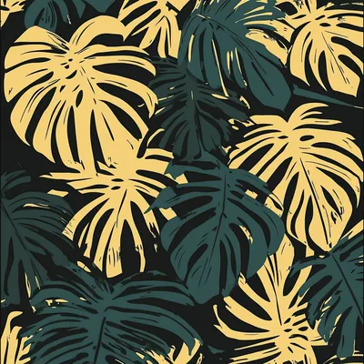 simple silkscreen pattern, dark and tropical, monstera leaves