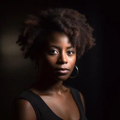 Portrait photo of a 30 year old black woman, the portrait is shot on a mirrorless camera, a 50mm prime lens, and a drama