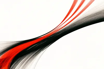 an elegant high-energy abstract systems illustration on white: a bold black ink current and a vermilion-red current begi