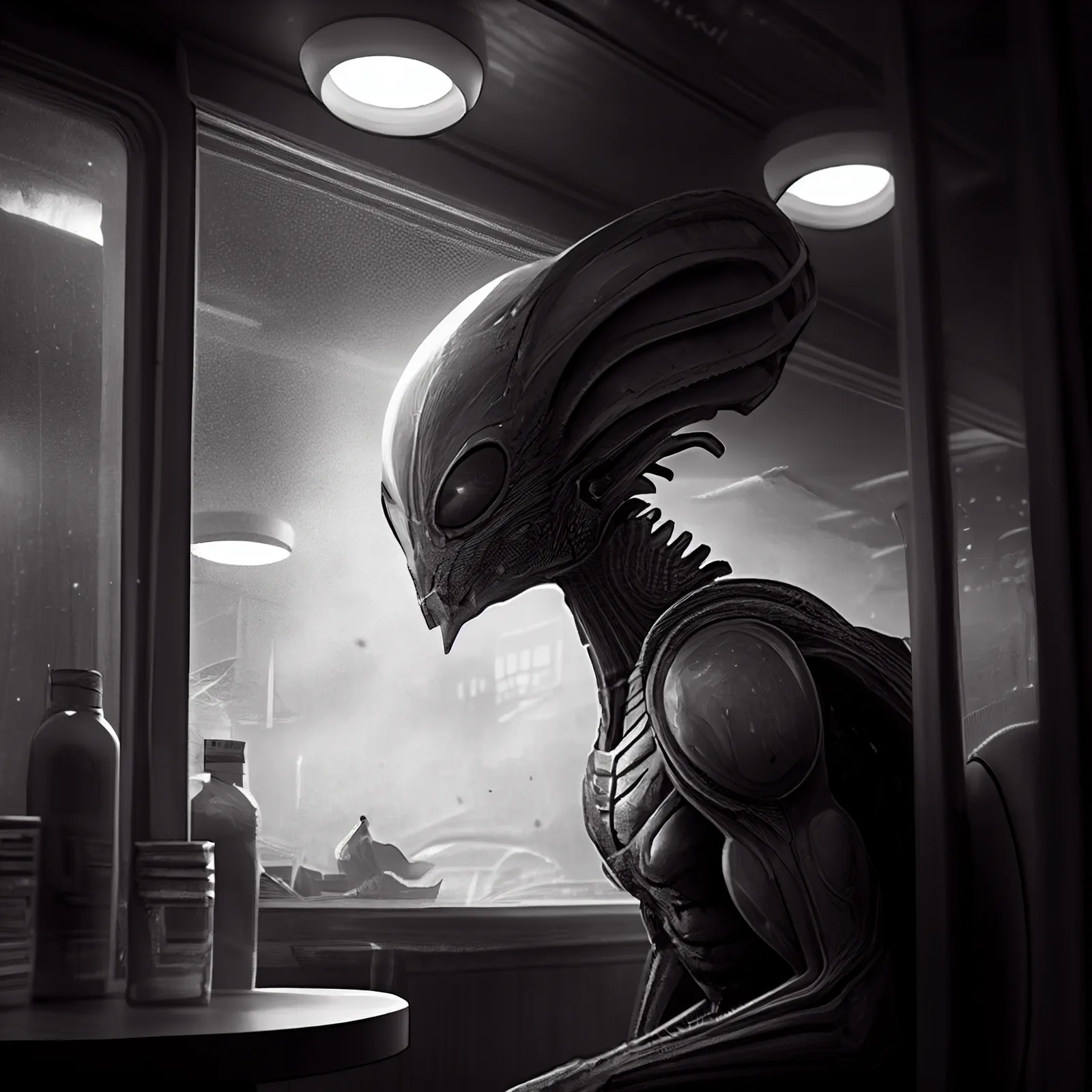 hyper realistic alien, no eyes, marauding, spaceship, noir --upbeta