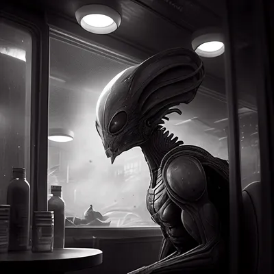 hyper realistic alien, no eyes, marauding, spaceship, noir --upbeta