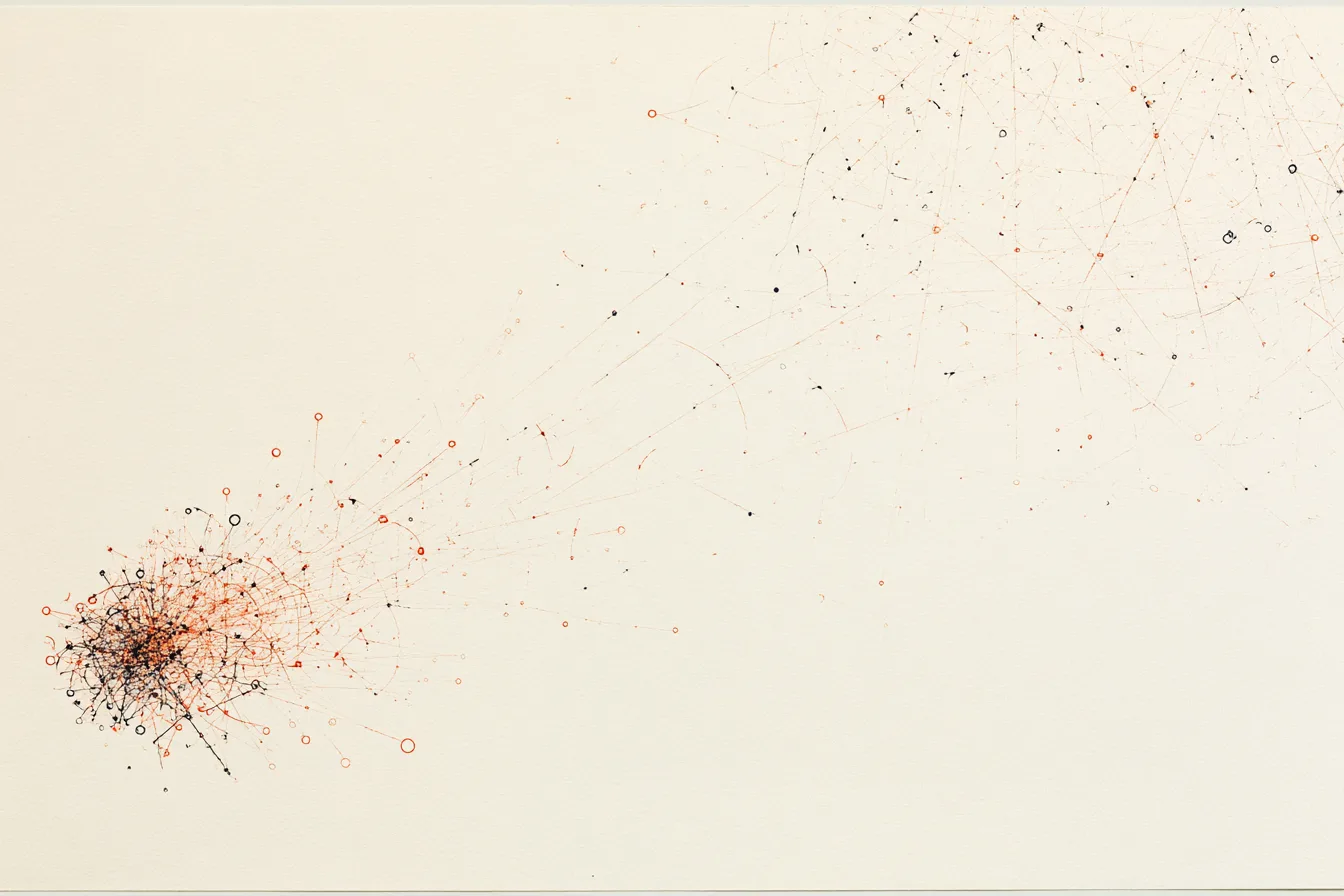 abstract optimistic systems pattern on warm white paper: fine deep-navy and vermilion-red lines begin tightly gathered i