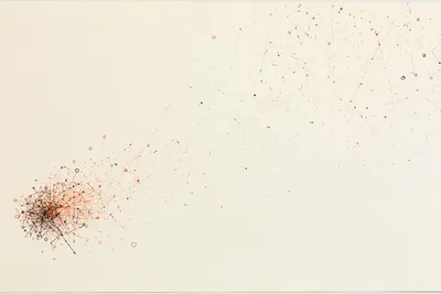 abstract optimistic systems pattern on warm white paper: fine deep-navy and vermilion-red lines begin tightly gathered i