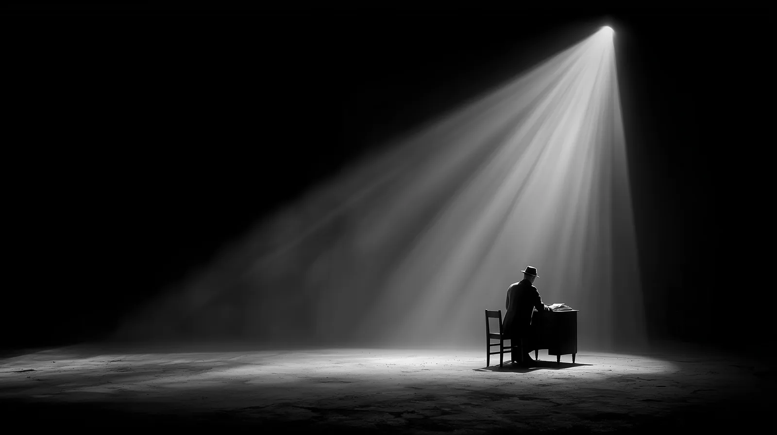 wide shot black and white film noir, tiny figure of a lawyer alone at a small desk in the center of a vast dark empty sp