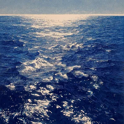 Expansive halftone ocean with heavy dithered texture, shimmering cream highlights across deep blue waves, abstract refle