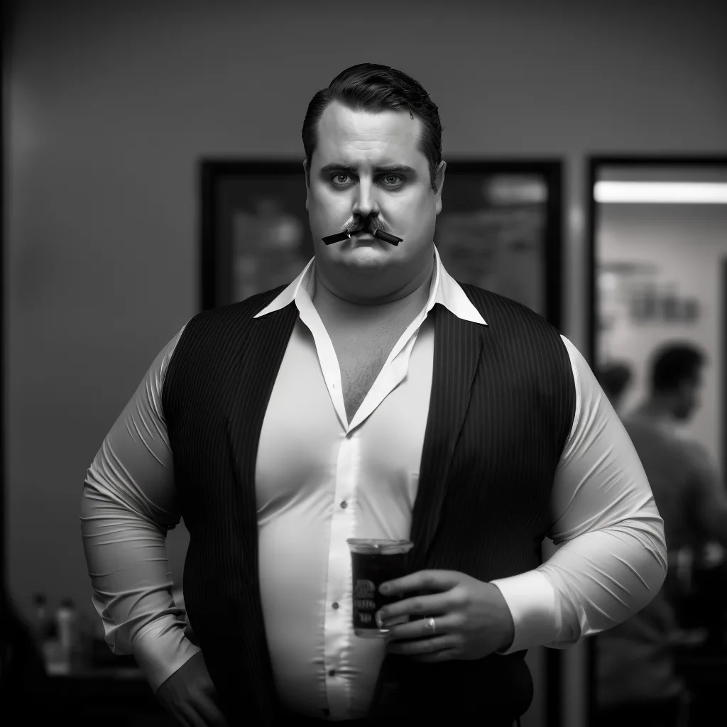 https://s.mj.run/HZ7ZUPpdXqE overweight, mofia boss, black and white photo, evil, --v 4