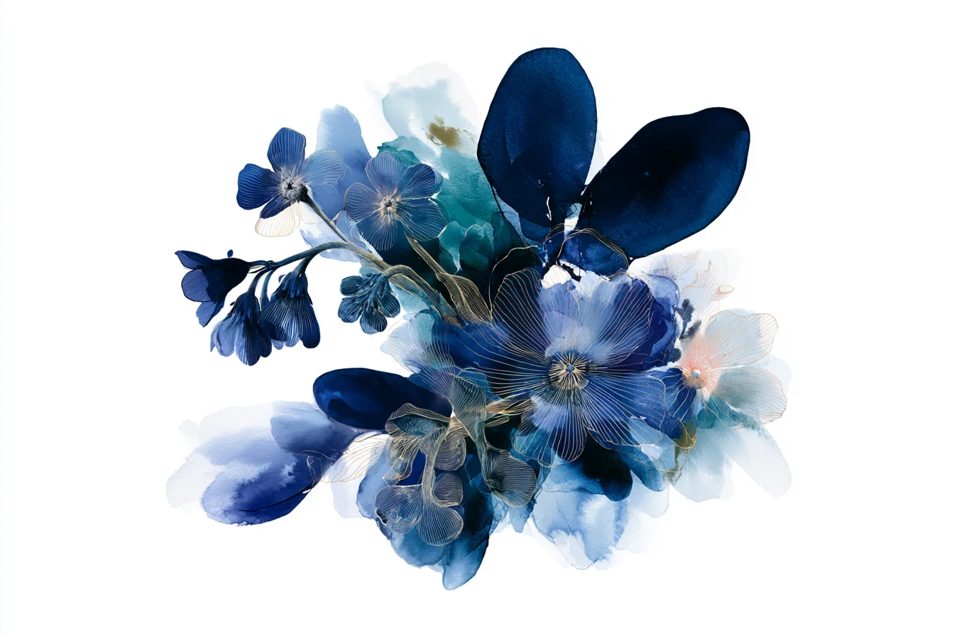 Single abstract comfrey inspired botanical specimen: large velvety oval leaves, deep root like ribbons, clusters of nodd