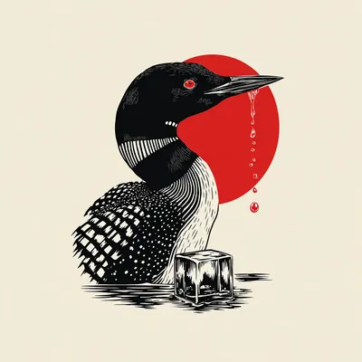 iconic emblem, common loon bird profile shooting red beam at dripping ice cube, bold graphic design, screen print style,