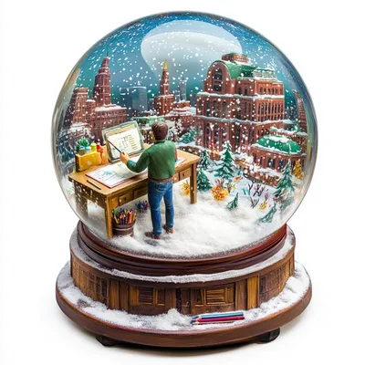 A highly detailed artistic snow globe personifying Austin Bartow, a designer from Kansas City. The globe contains a mini