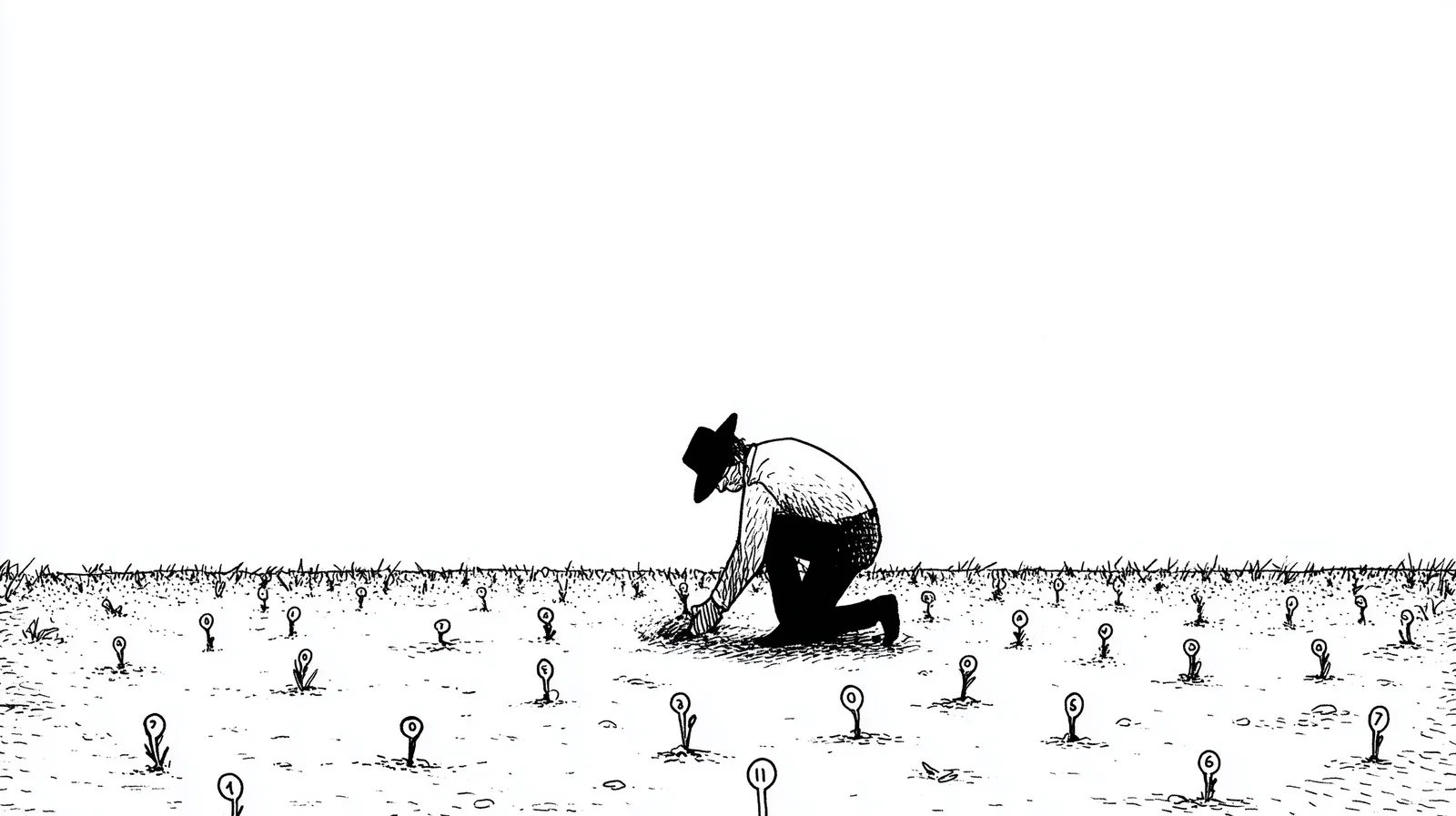 https://s.mj.run/sGzMuUqqwIw A farmer kneeling in a sparse field tending small sprouts that have the numbers 1 or 0 grow