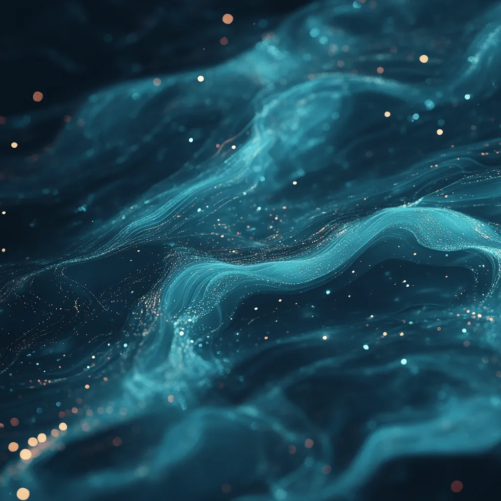 Flowing abstract shapes resembling deep underwater currents, with gradients of teal, aquamarine, and hints of biolumines