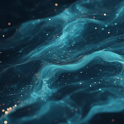 Flowing abstract shapes resembling deep underwater currents, with gradients of teal, aquamarine, and hints of biolumines