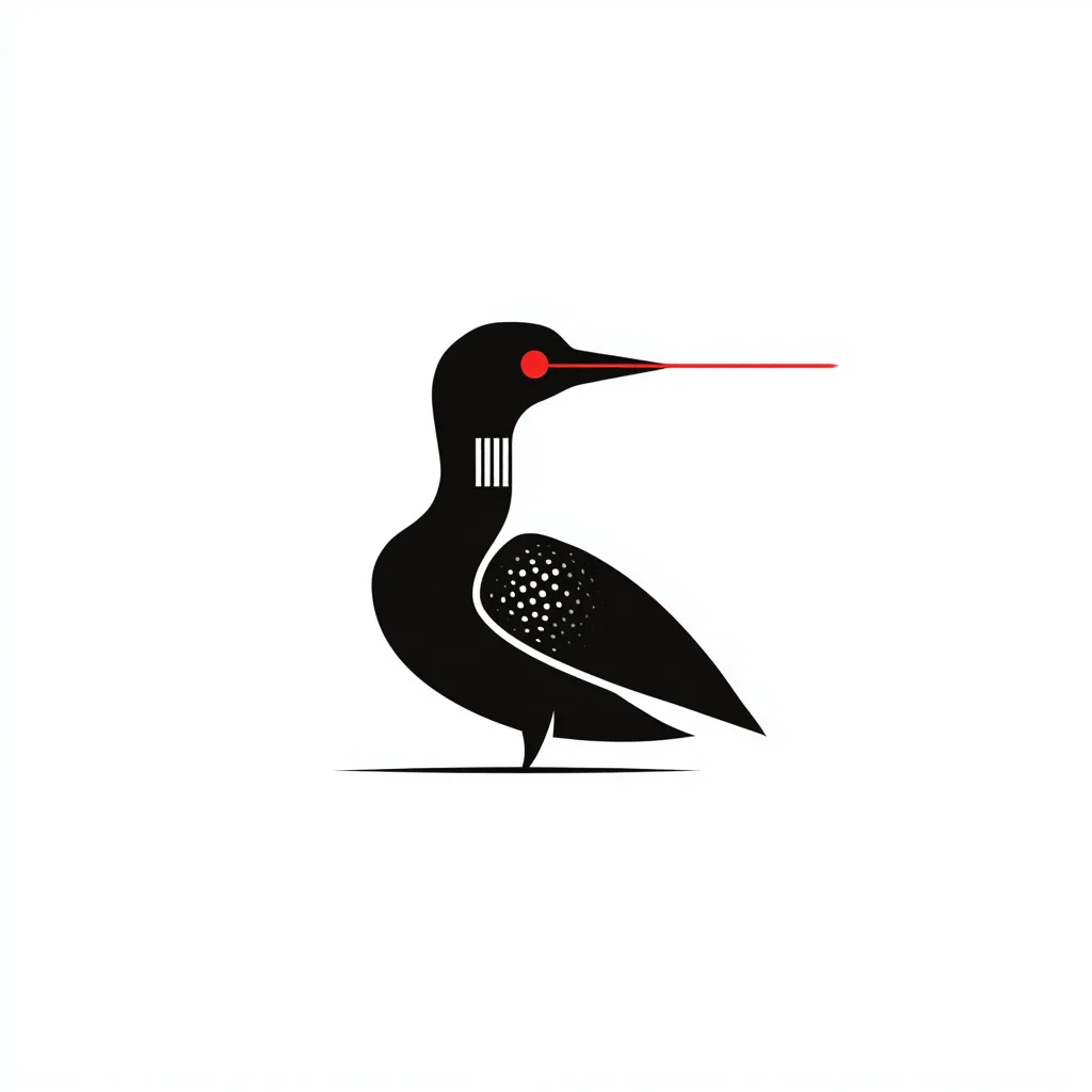 minimal logo, black loon bird silhouette with red laser beam from eye melting a geometric ice cube, flat vector style, 2
