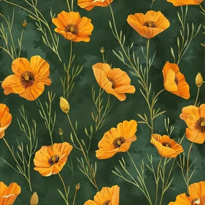 California poppy patten, green background