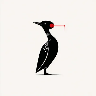 minimal logo, black loon bird silhouette with red laser beam from eye melting a geometric ice cube, flat vector style, 2