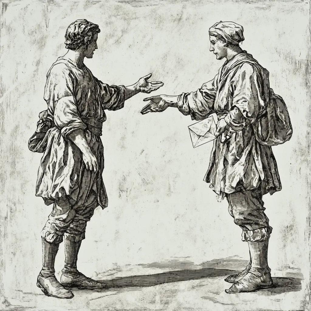 Two figures depicted in a hard-point etching style, isolated with no background details. One person is extending their h