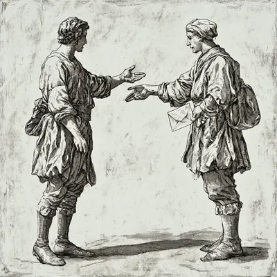 Two figures depicted in a hard-point etching style, isolated with no background details. One person is extending their h