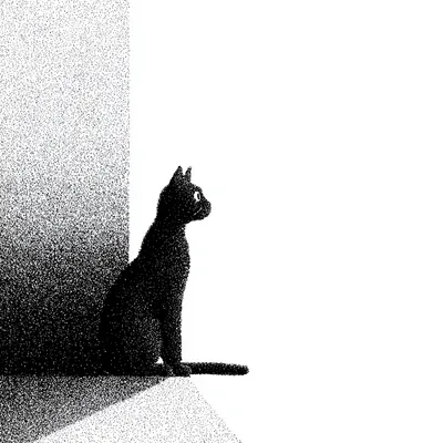 smart curious cat sitting in isolation, minimal, minimalist black and white editorial illustration, high-contrast ink dr