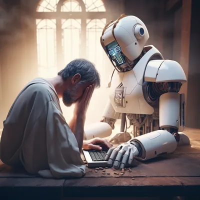 a programmer praying to robot jesus so his javascript will work --upbeta