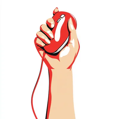 women's hand holding computer mouse up proudly, revolution, illustration, simple shapes, white background