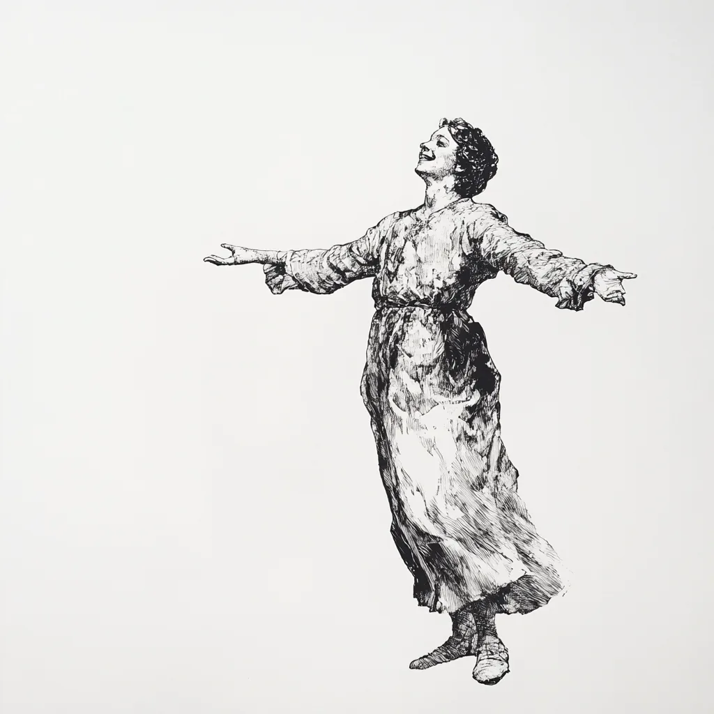 A single figure depicted in a hard-point etching style, joyfully taking a bow under a spotlight, set against a clean whi