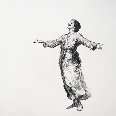 A single figure depicted in a hard-point etching style, joyfully taking a bow under a spotlight, set against a clean whi