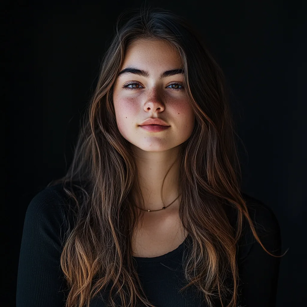 portrait, dark background, 19-year-old woman, college student, lives in a dorm, enjoys listening to pop music, avid soci