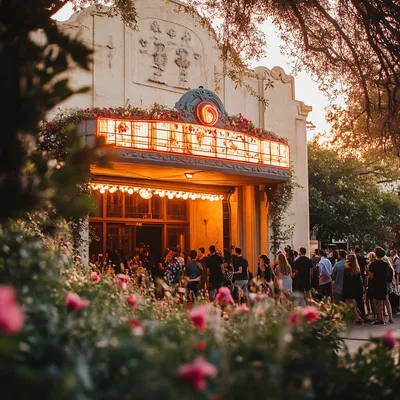 A historic theater exterior at golden hour, its grand entrance framed by creeping ivy and soft floral arrangements. The 