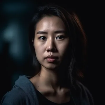 Portrait photo of a 30 year old asian woman, the portrait is shot on a mirrorless camera, a 50mm prime lens, and a drama