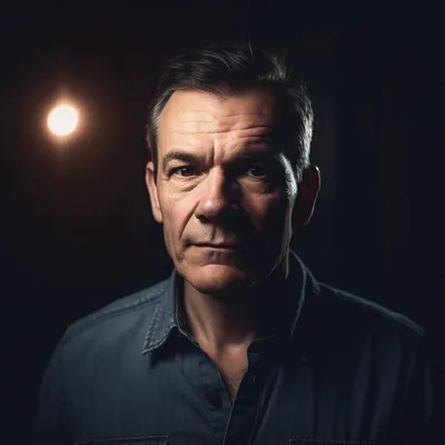 Portrait photo of a middle aged man, the portrait is shot on a mirrorless camera, a 50mm prime lens, and a dramatic ligh