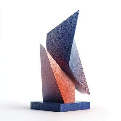 Abstract constructivist sculpture with ascending geometry, minimalist angular form, dithered halftone texture in cobalt,