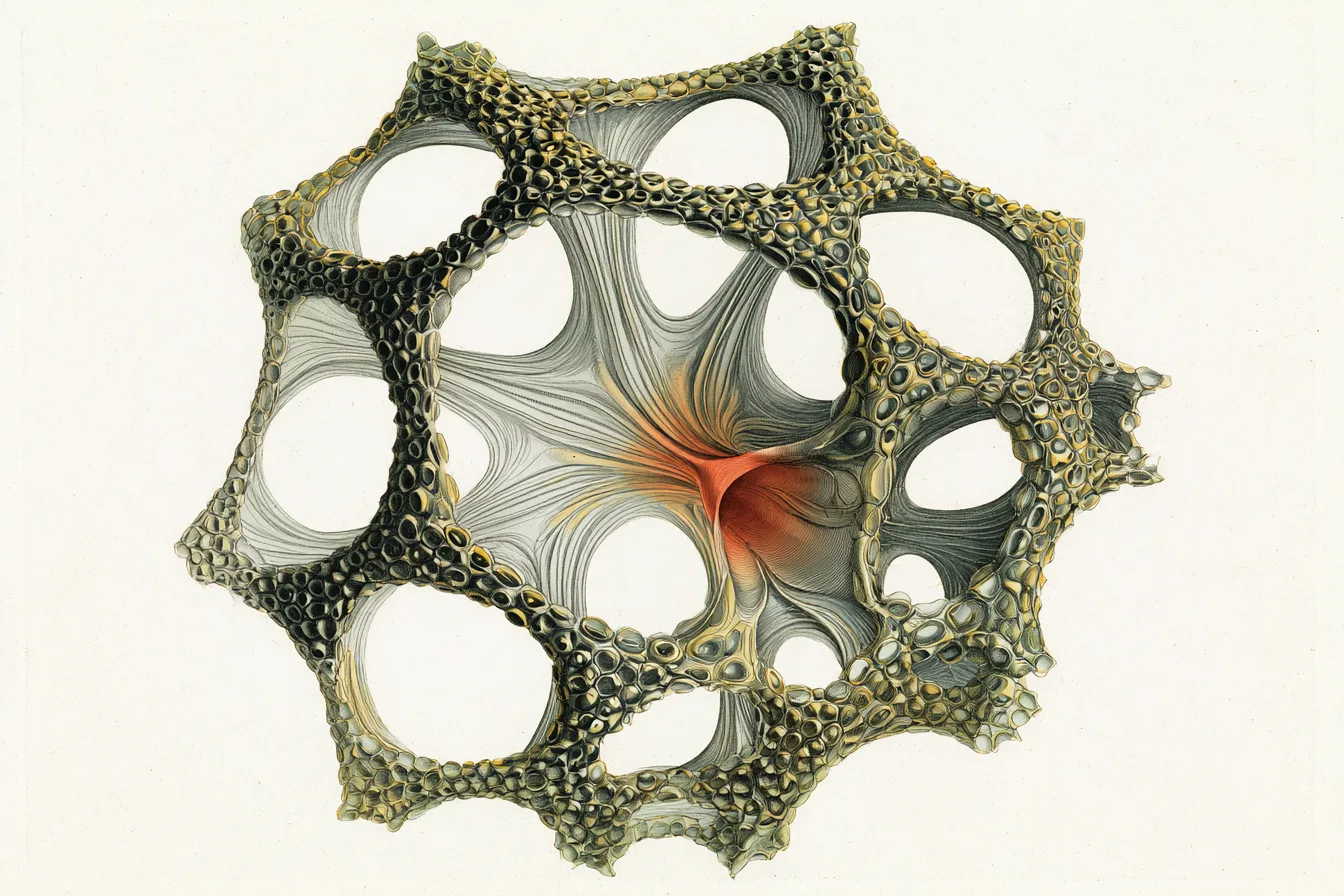 an abstract scientific specimen representing a better company: a strange, elegant organism built from interconnected cha