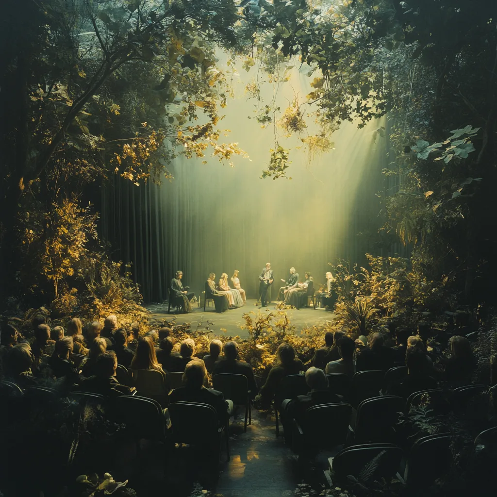 A post-performance theater scene where the audience mingles in the softly lit, nature-infused space. The seats remain ge