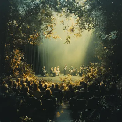 A post-performance theater scene where the audience mingles in the softly lit, nature-infused space. The seats remain ge