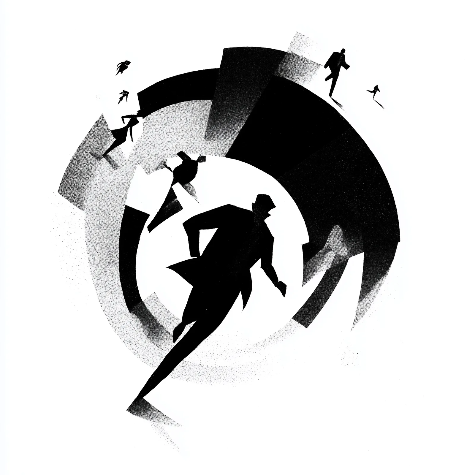 complicated disorientated spinning in isolation, minimalist black and white editorial illustration, bold flat silhouette