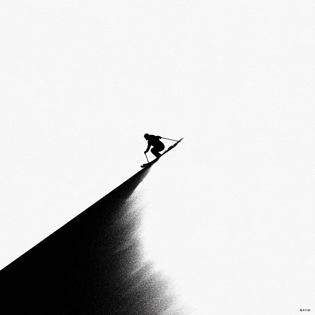 giant slalom women skier going down mountain, minimalist black and white editorial illustration, bold flat silhouettes,