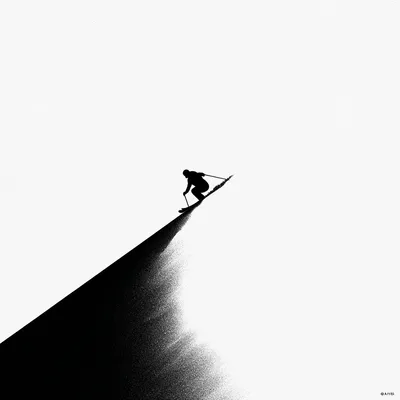 giant slalom women skier going down mountain, minimalist black and white editorial illustration, bold flat silhouettes, 