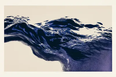 abstract liquid potassium study, flowing metallic forms dissolving into a finely controlled dither pattern: deep navy an