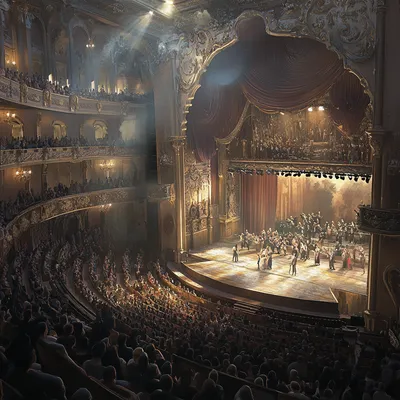A fully packed theater with a realistic, detailed interior. Every seat is filled with a diverse audience, creating a liv