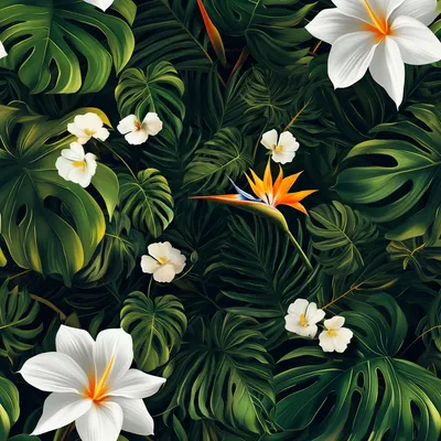 dark and tropical repeating pattern wallpaper, bird of paradise flower, white flowers, California poppy flowers, monster