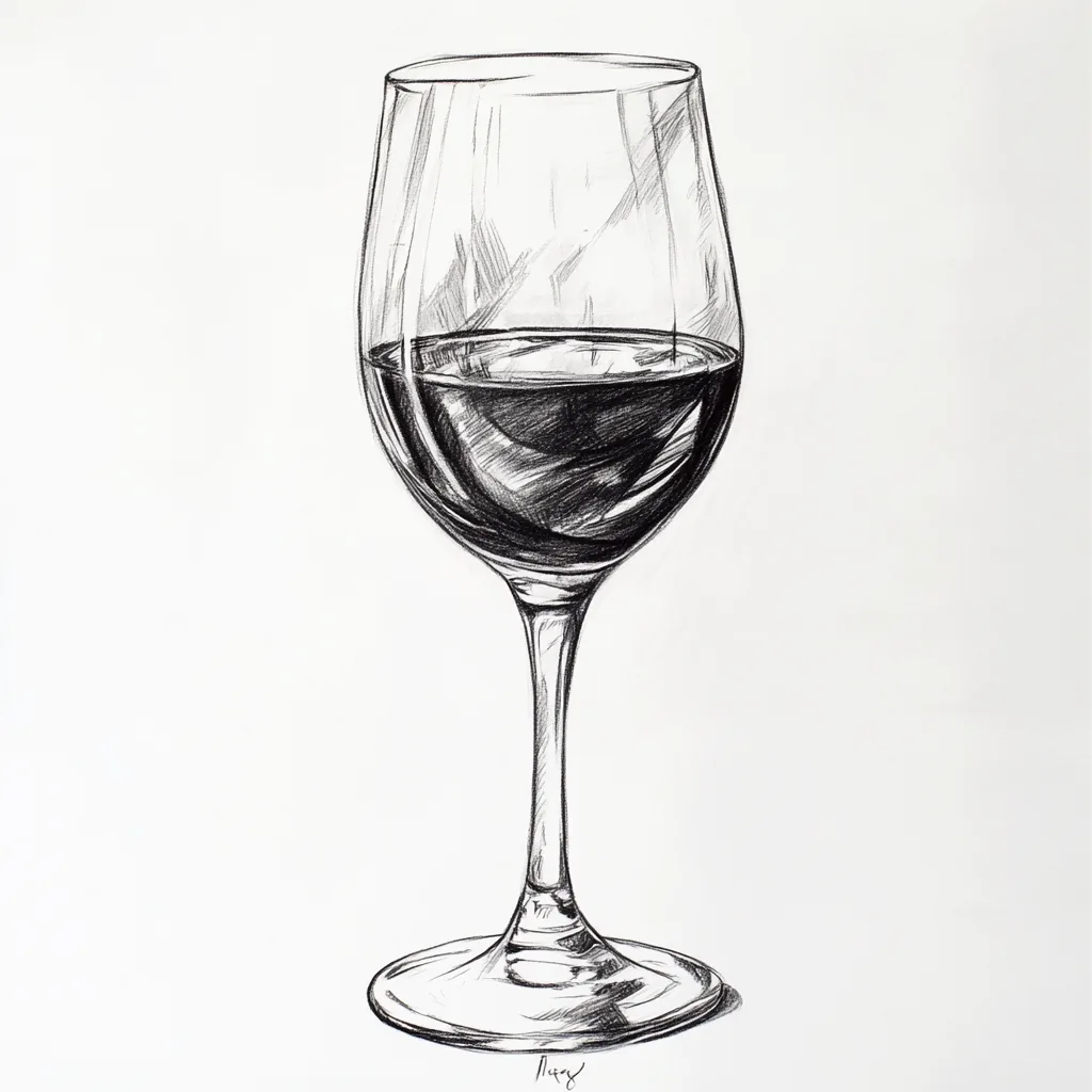 black and white vine charcoal sketch of a glass of wine, simple shapes