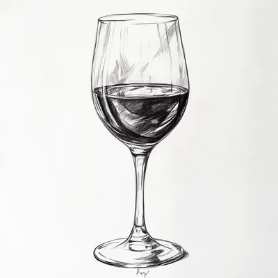 black and white vine charcoal sketch of a glass of wine, simple shapes