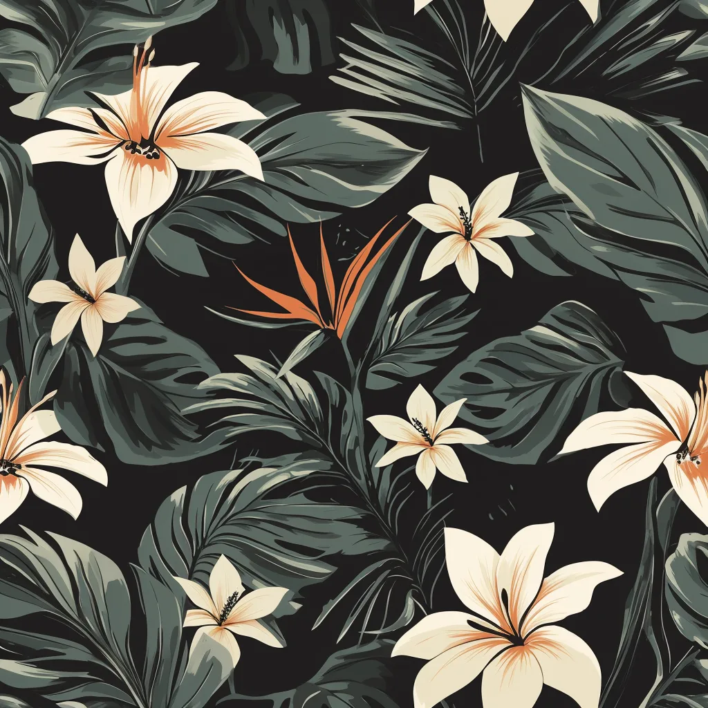 simple silkscreen pattern, dark and tropical, bird of paradise flower, white flower, California poppy flowers, monstera
