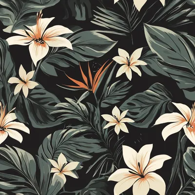 simple silkscreen pattern, dark and tropical, bird of paradise flower, white flower, California poppy flowers, monstera