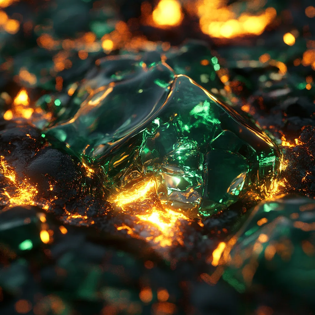 A hyper-realistic close-up of molten metal, emerald in color, organic shapes, glowing with fiery reflections. The materi