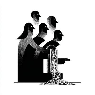 pasta extruder sitting in isolation with pasta coming out of the extruder onto the floor in a pile, minimalist black and