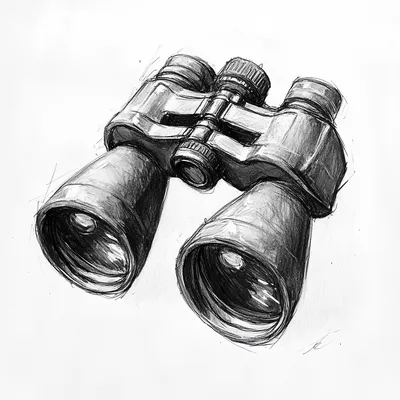 black and white vine charcoal sketch of a piece of binoculars, simple shapes