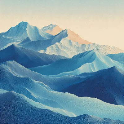 Layered halftone hills in ethereal light blue to deep ocean blue, cream light cascading over peaks, dithered textures cr