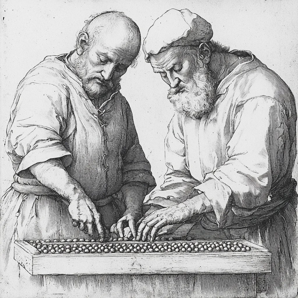 Two figures depicted in a hard-point etching style, isolated with no background details. One character leans over an aba