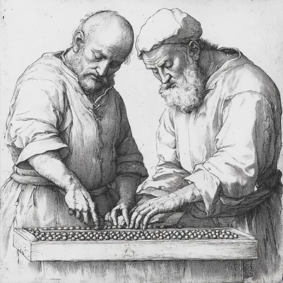 Two figures depicted in a hard-point etching style, isolated with no background details. One character leans over an aba